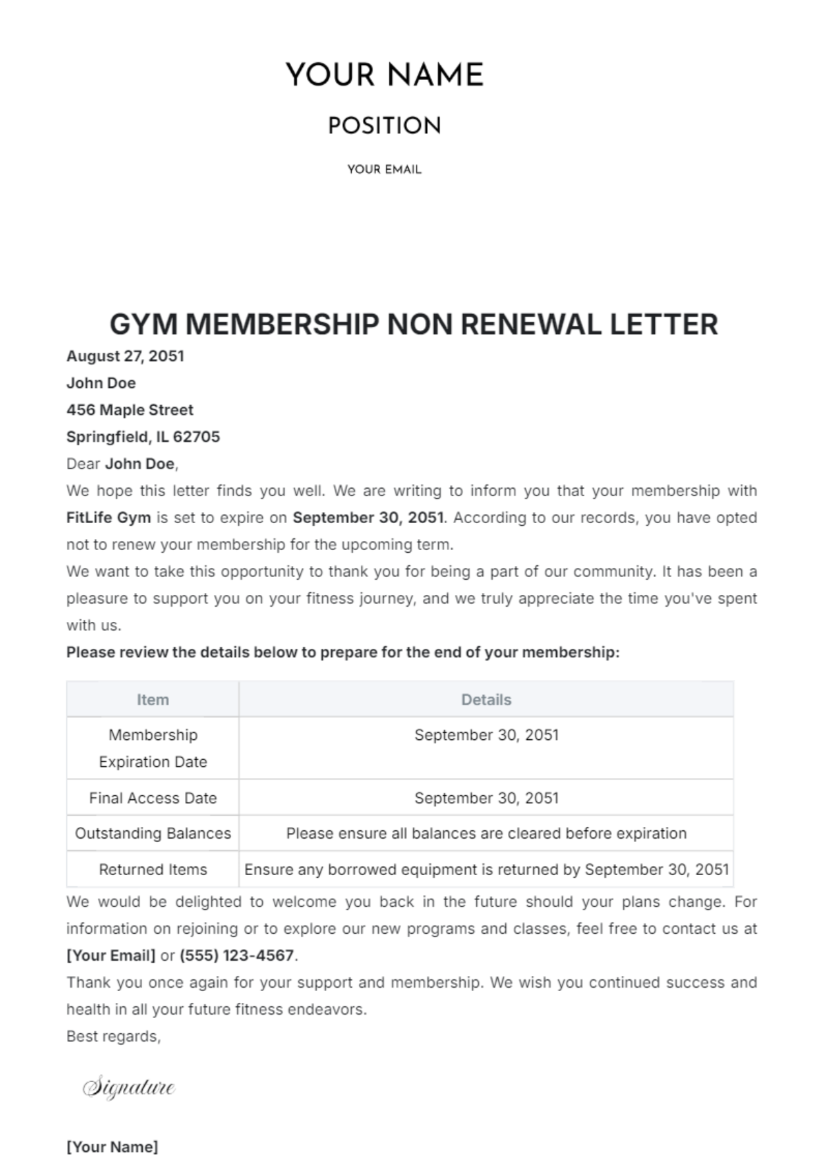 Gym Membership Non-Renewal Letter Template - Edit Online & Download