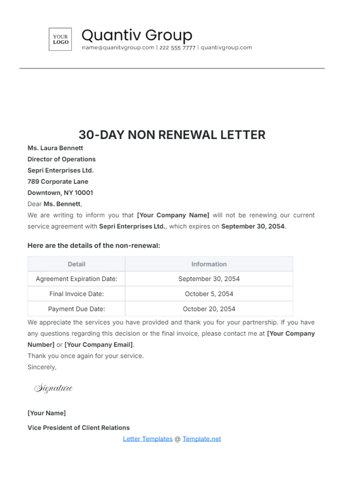 30-Day Non-Renewal Letter Template - Edit Online & Download