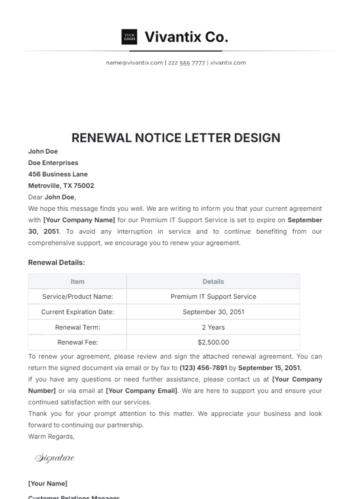 Renewal Notice Letter Design Template - Edit Online & Download