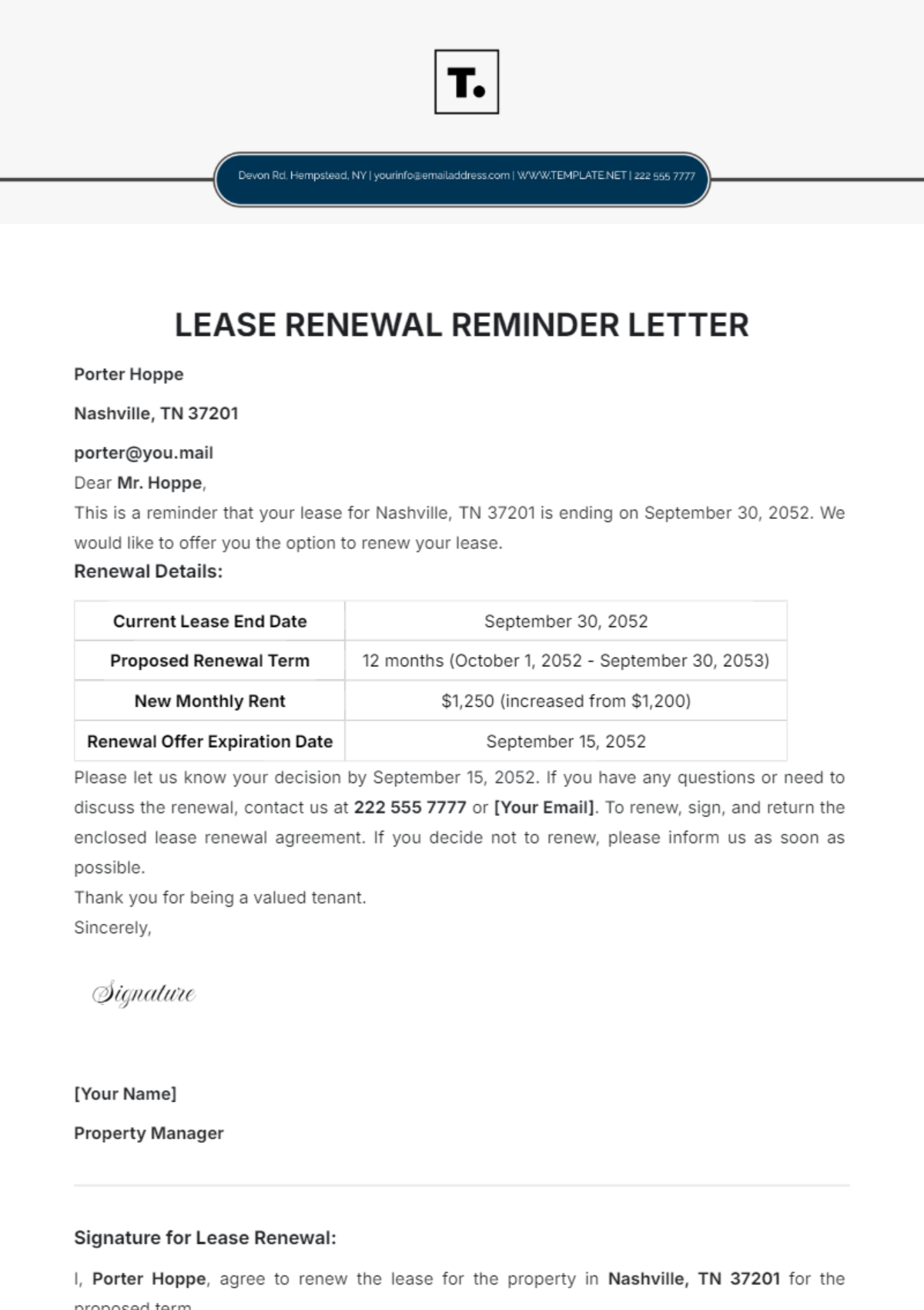 Lease Renewal Reminder Letter Template - Edit Online & Download