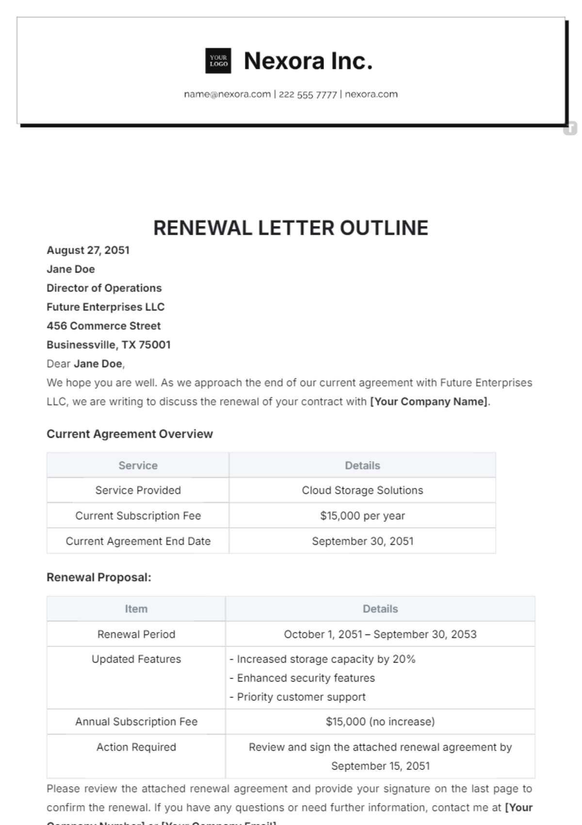 Renewal Letter Outline Template