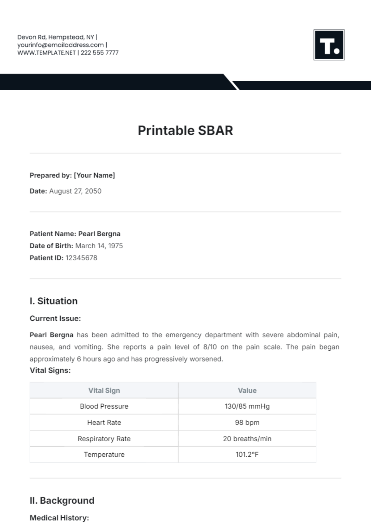 Printable SBAR Template