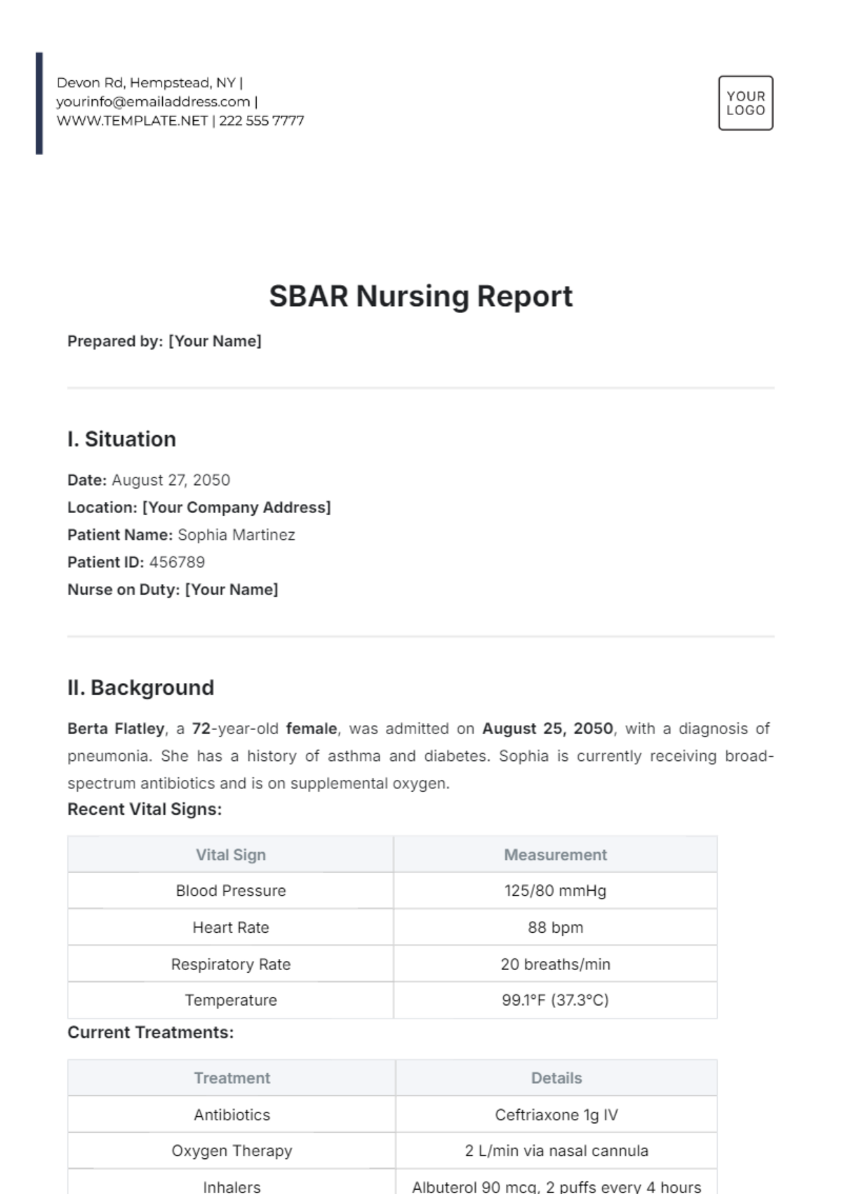 SBAR Nursing Report Template