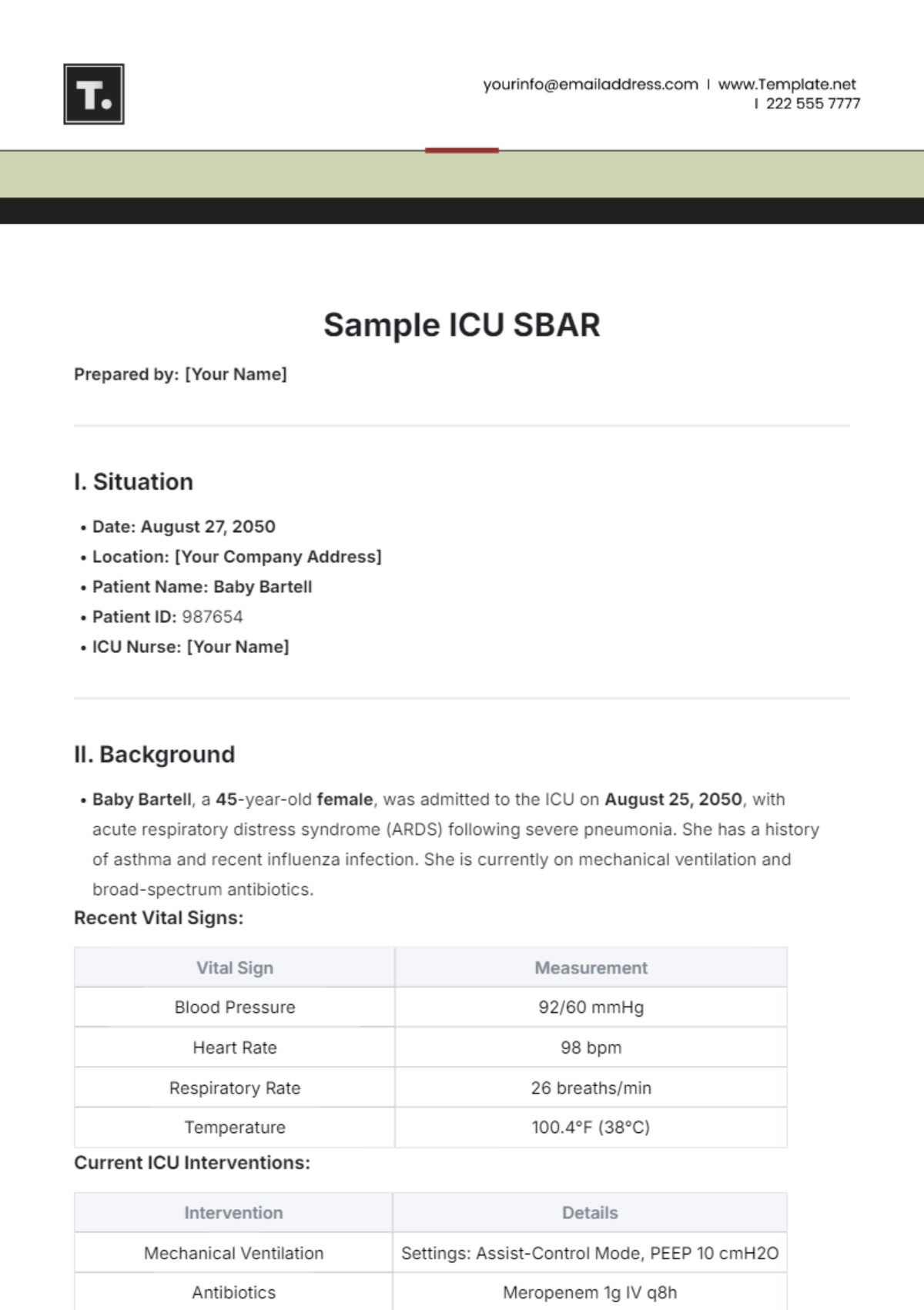 Sample ICU SBAR Template