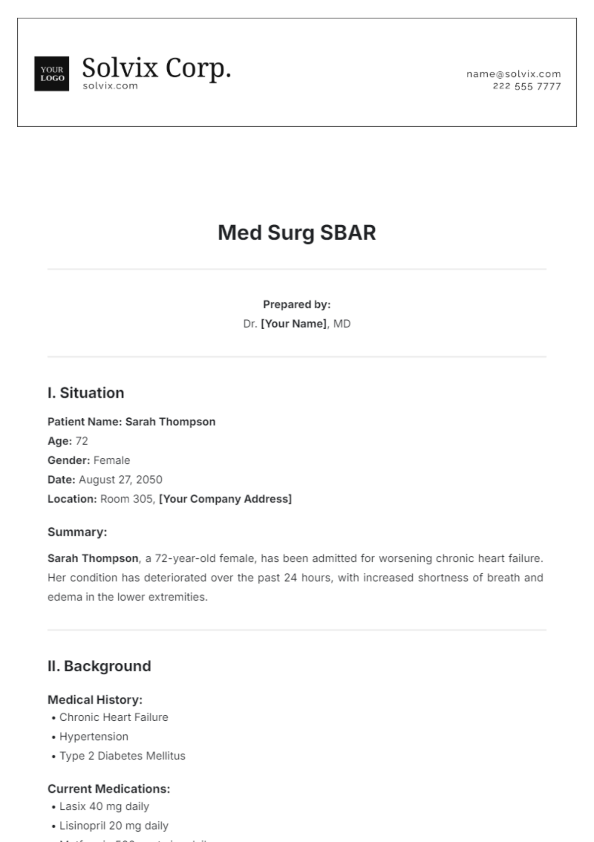 Med Surg SBAR Template