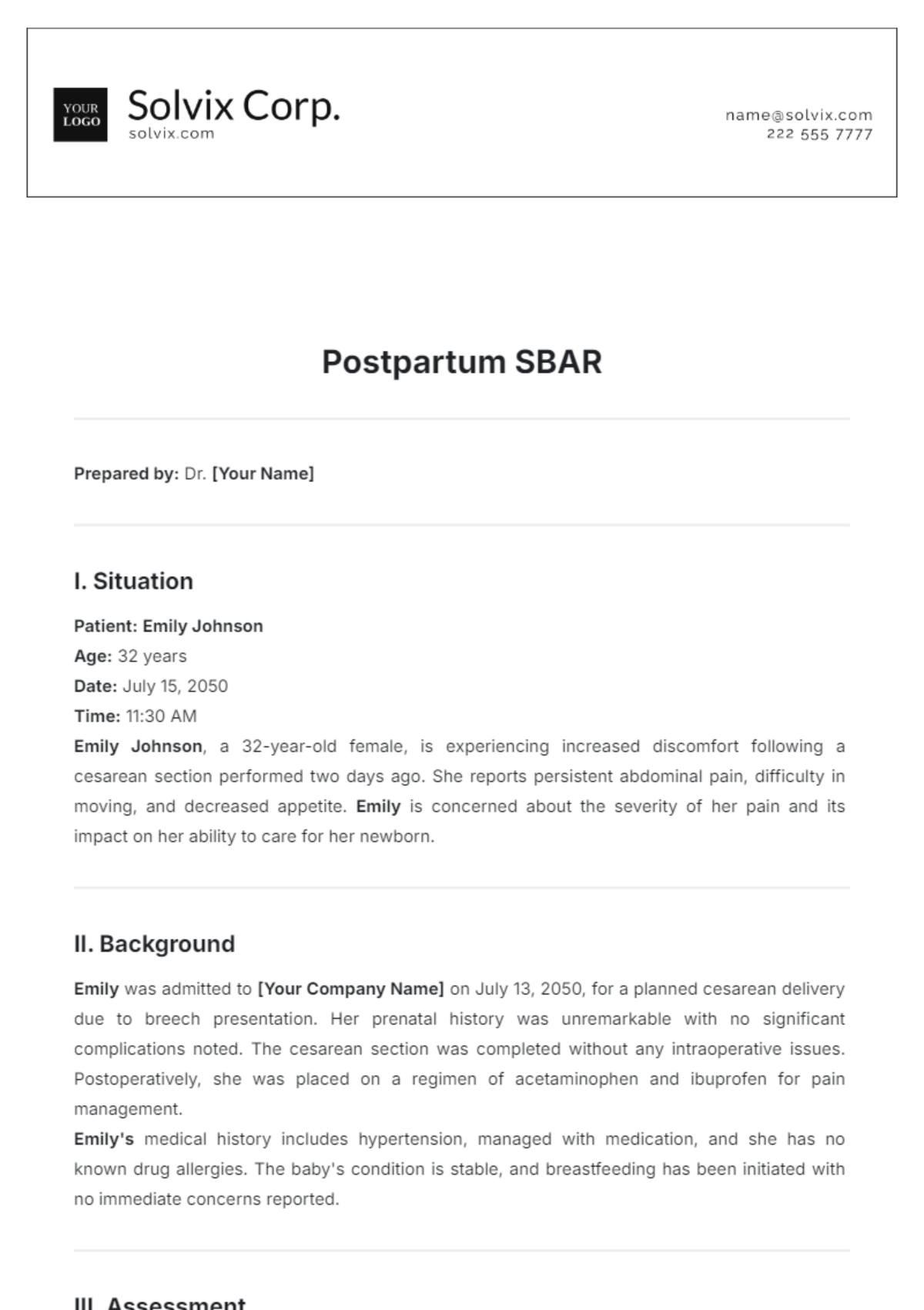 Postpartum SBAR Template