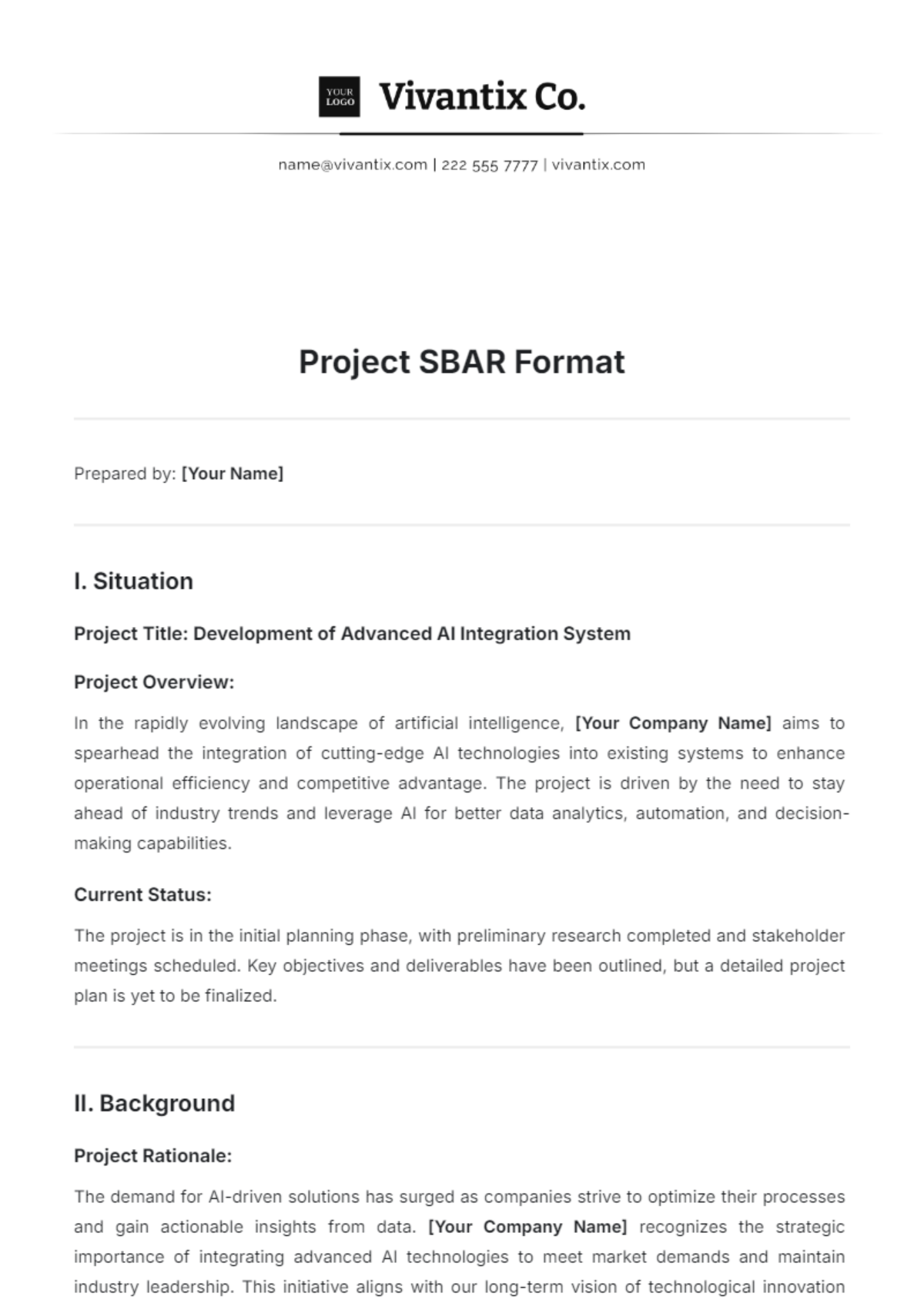 Project SBAR Format Template