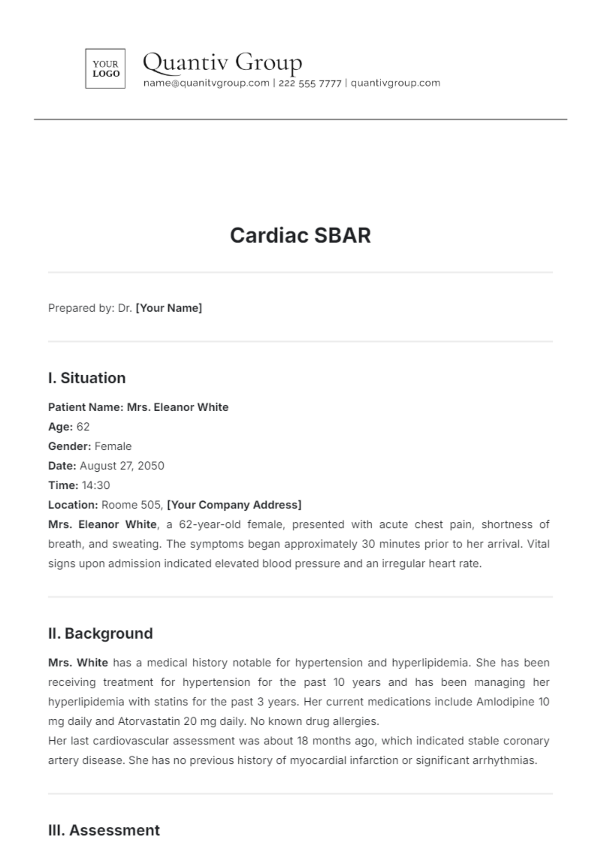 Cardiac SBAR Template