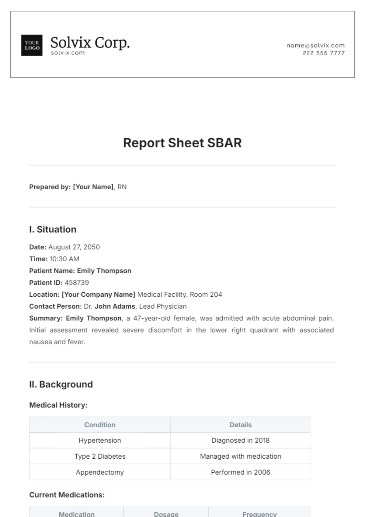 Report Sheet SBAR Template