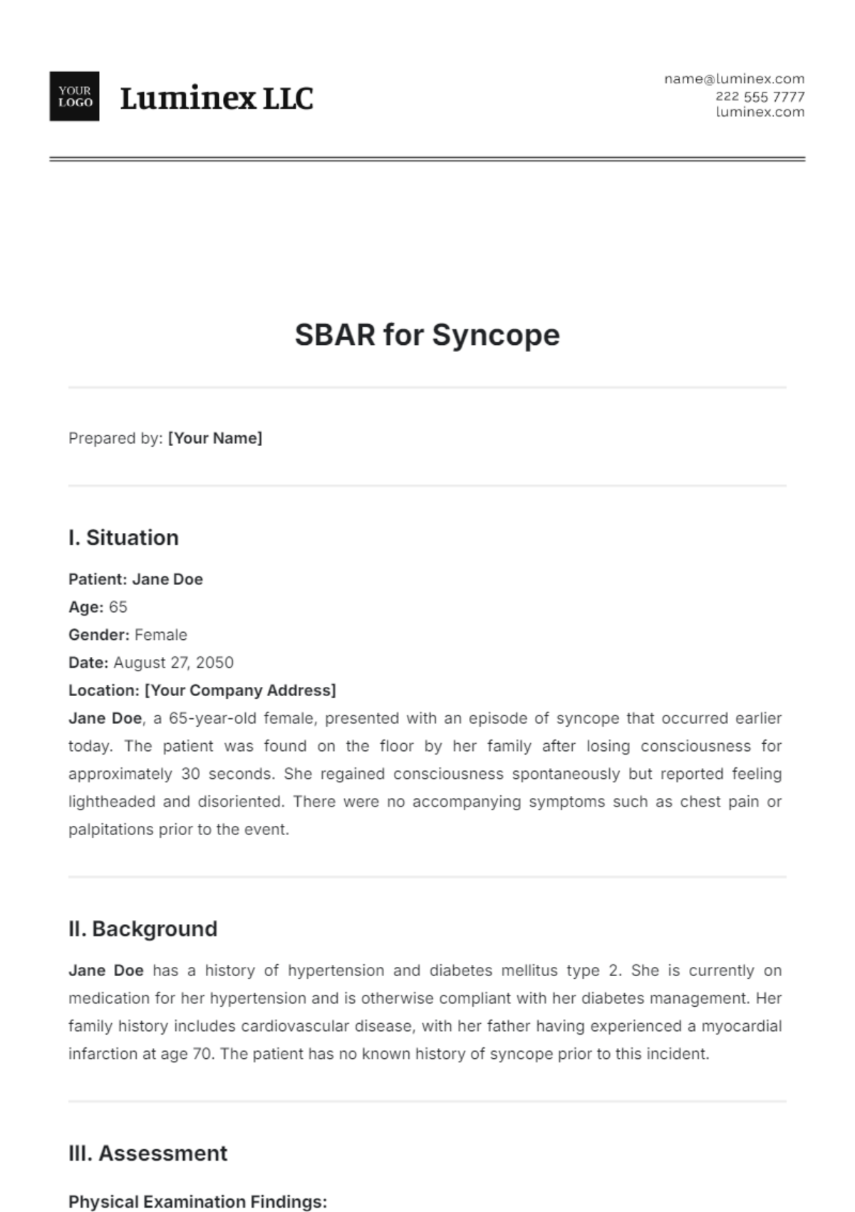 SBAR for Syncope Template