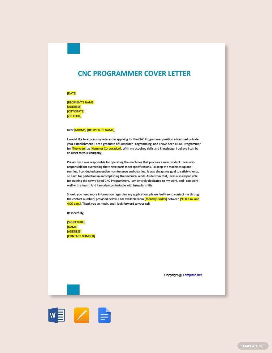 CNC Programmer Cover Letter in Word, Google Docs, PDF, Apple Pages