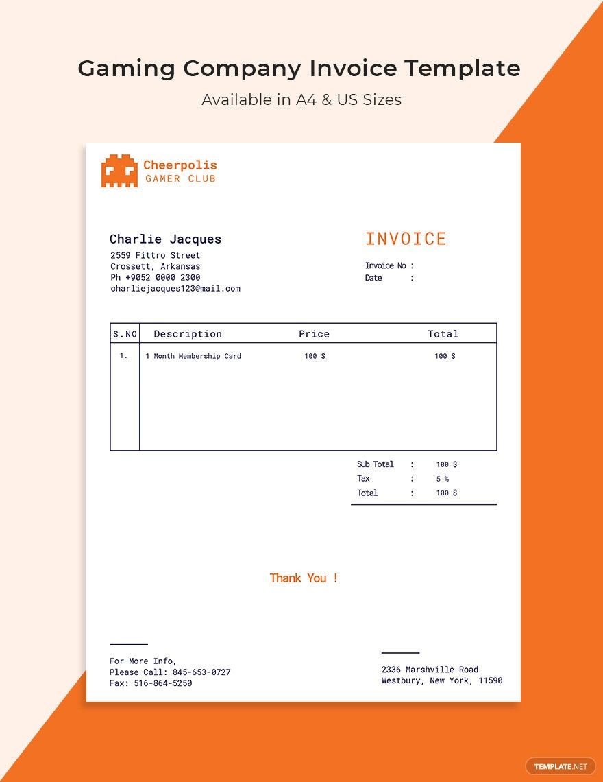 Gaming Company Invoice Template in Word, Google Docs, Excel, Google Sheets, Illustrator, PSD, Apple Pages, InDesign, Apple Numbers