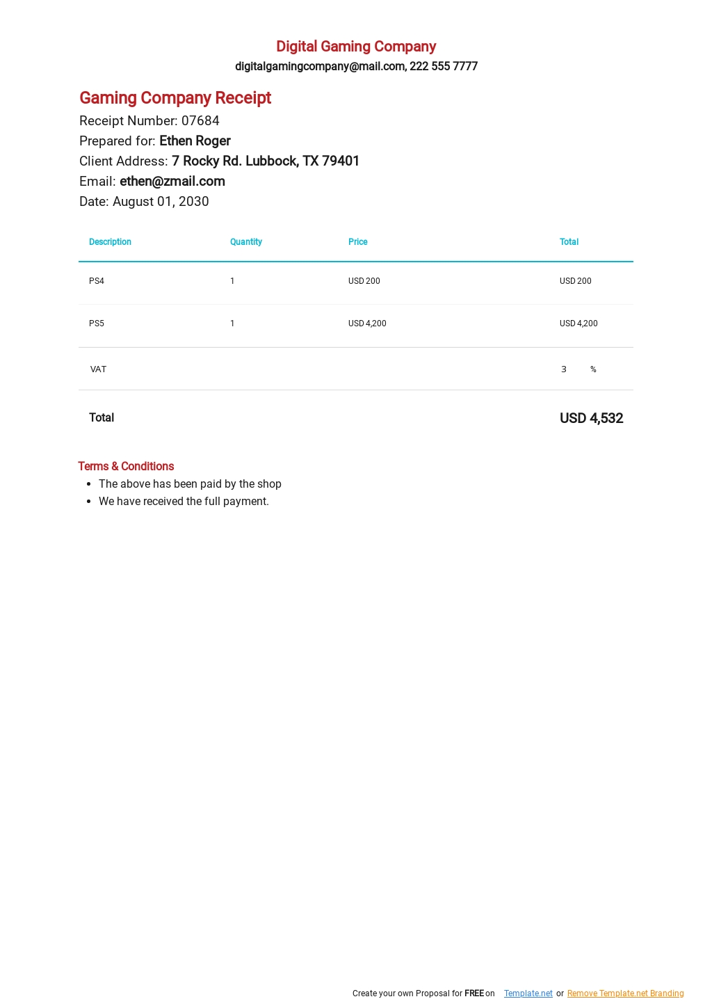 microsoft receipt template