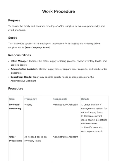 Free Work Procedure Layout Template to Edit Online