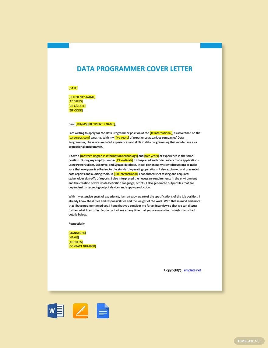 Data Programmer Cover Letter Template