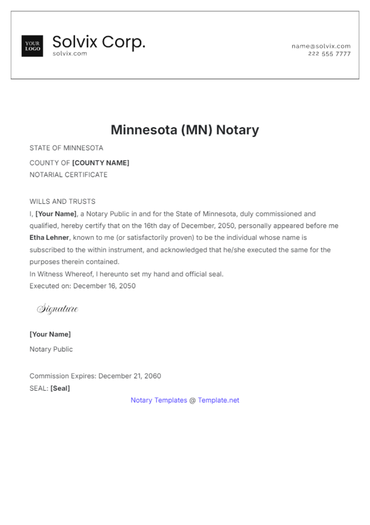 Free Minnesota (MN) Notary Template