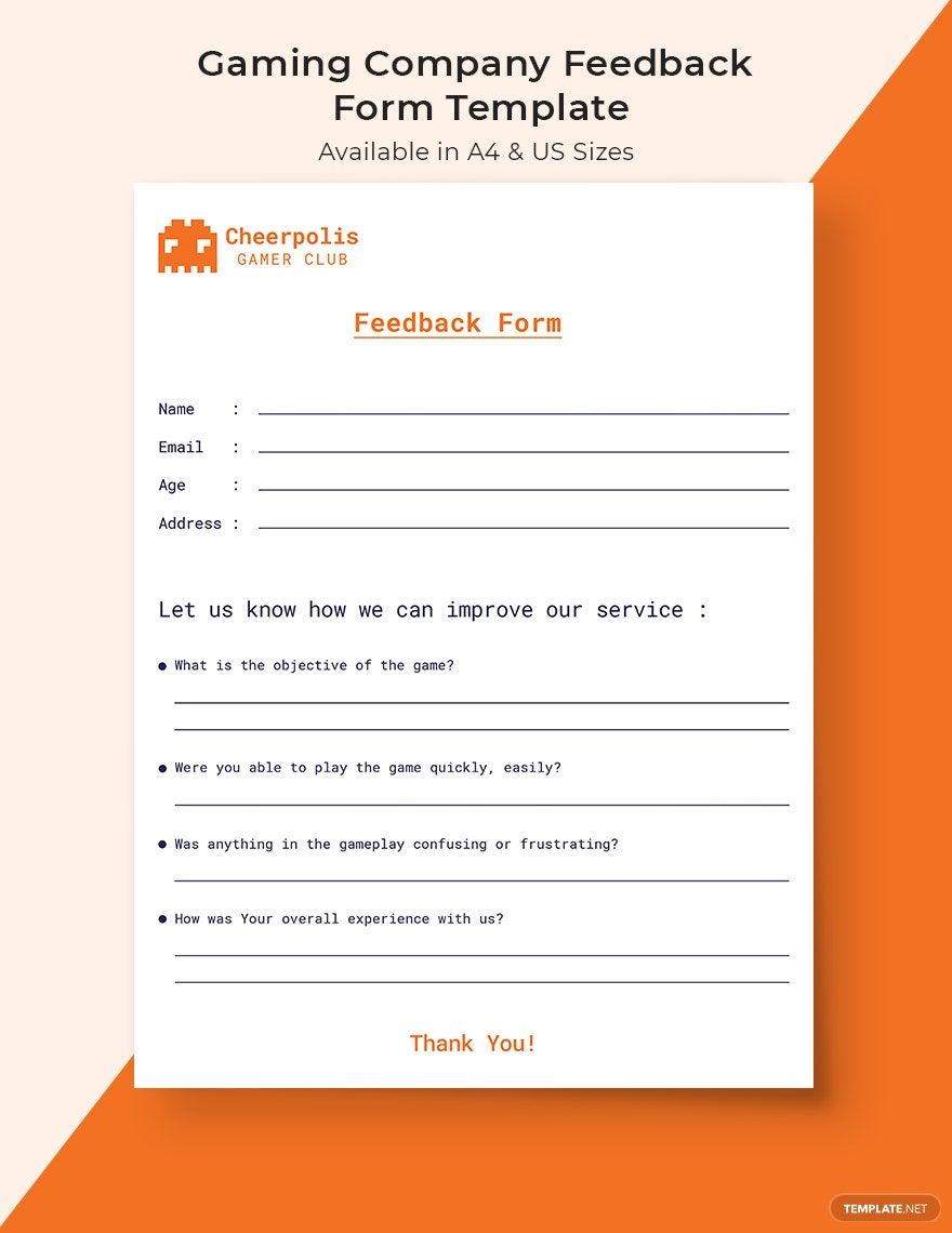 Gaming Company Feedback Form Template Word Google Docs Illustrator Gaming Company Feedback Form Template Word Google Docs Illustrator