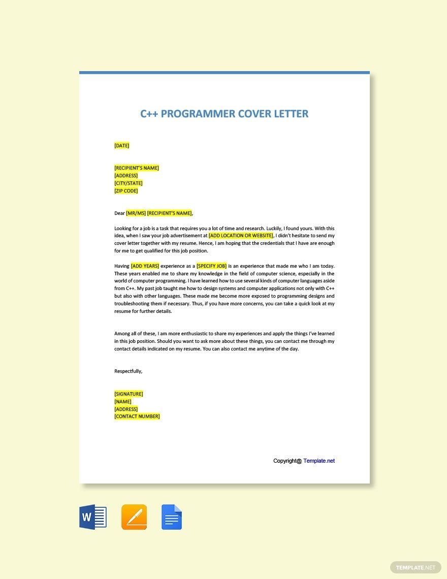 C++ Programmer Cover Letter in Word, Google Docs, PDF, Apple Pages