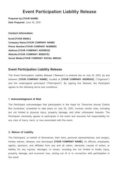Free Event Participation Liability Release Template to Edit Online