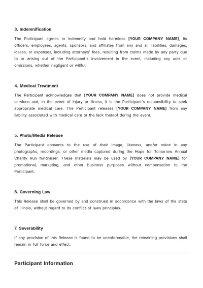 Free Event Participation Liability Release Template to Edit Online