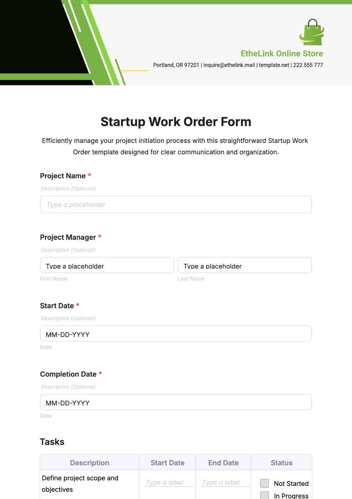 Startup Work Order Form Template - Edit Online & Download