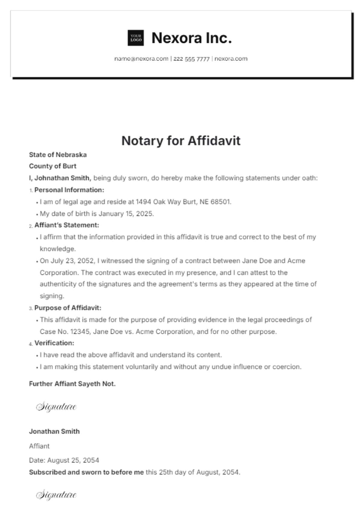 Notary for Affidavit Template