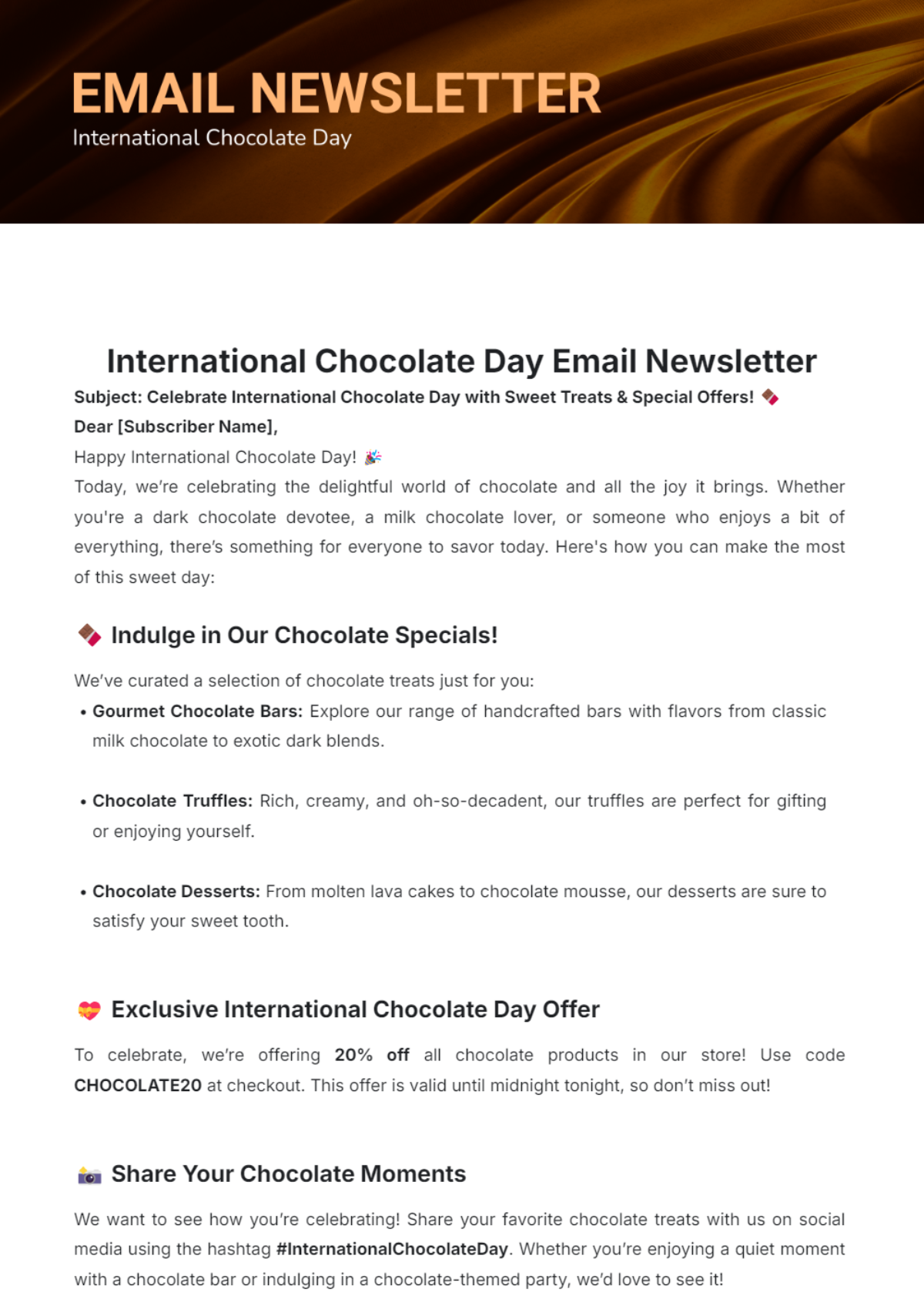 International Chocolate Day Email Newsletter Template