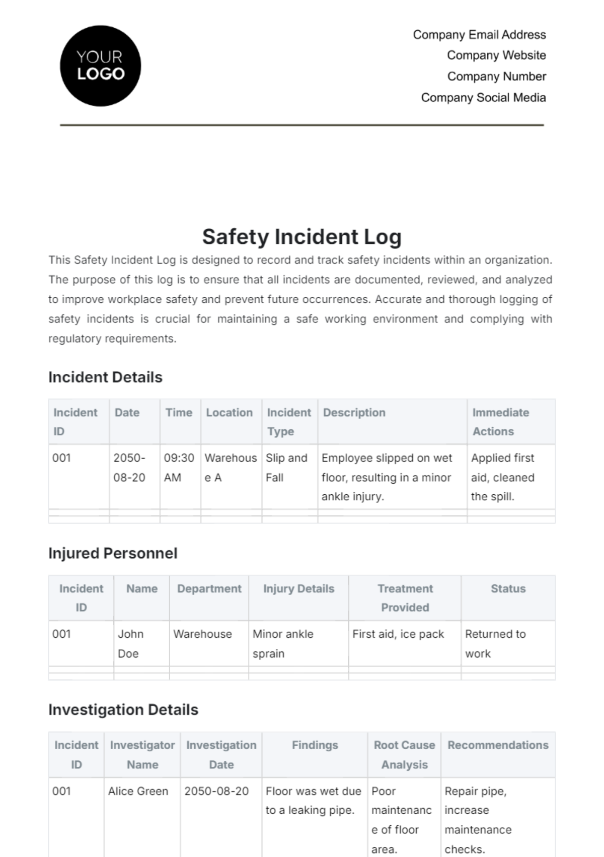 Safety Incident Log Template