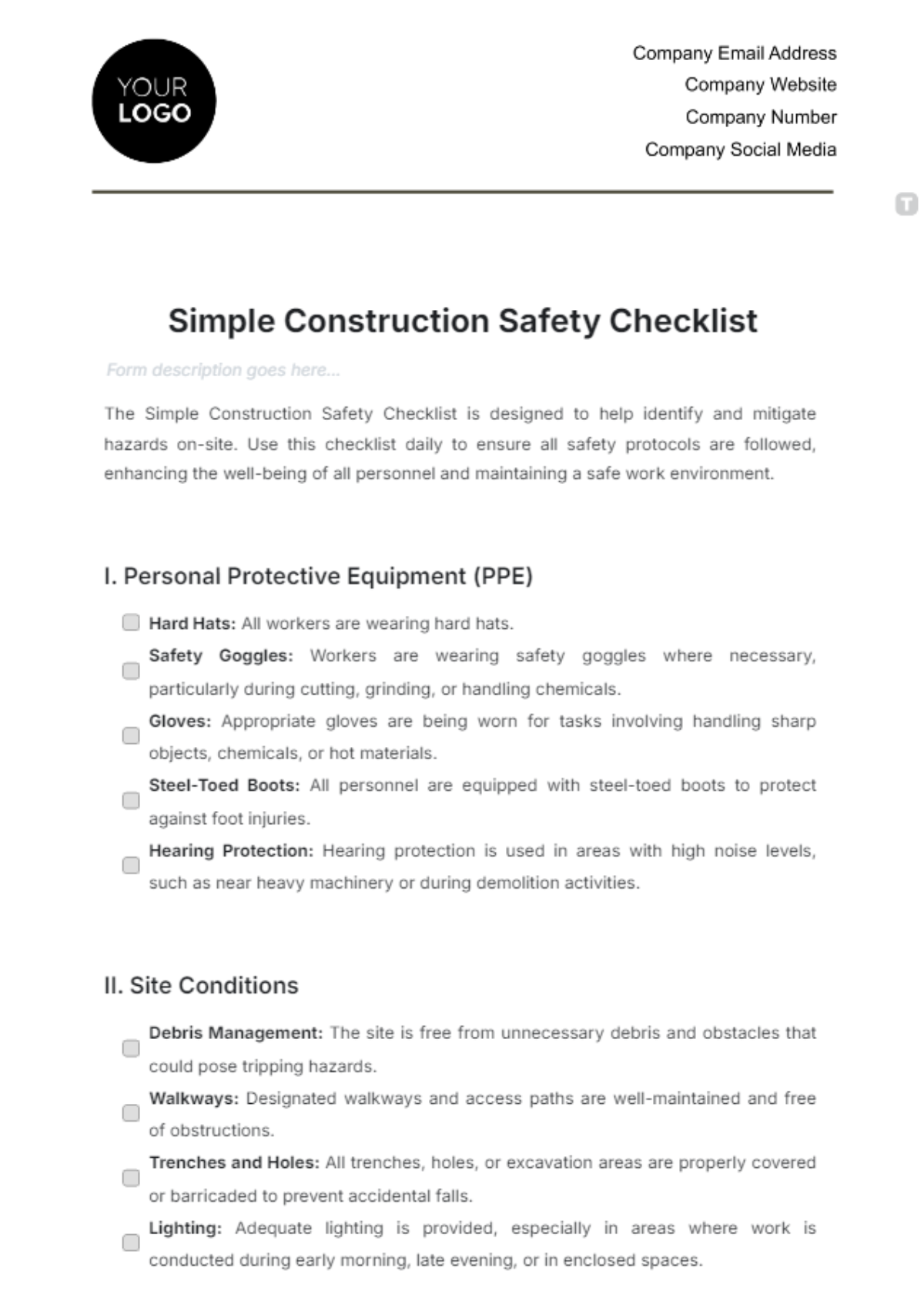 Simple Construction Safety Checklist Template