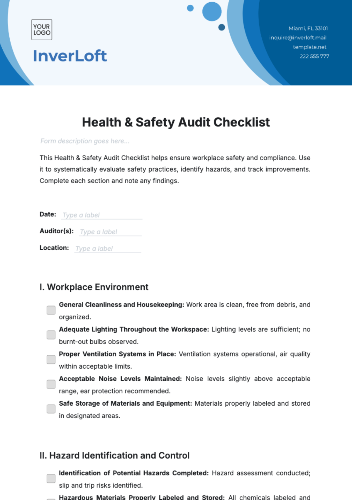 Free Health & Safety Audit Checklist Template