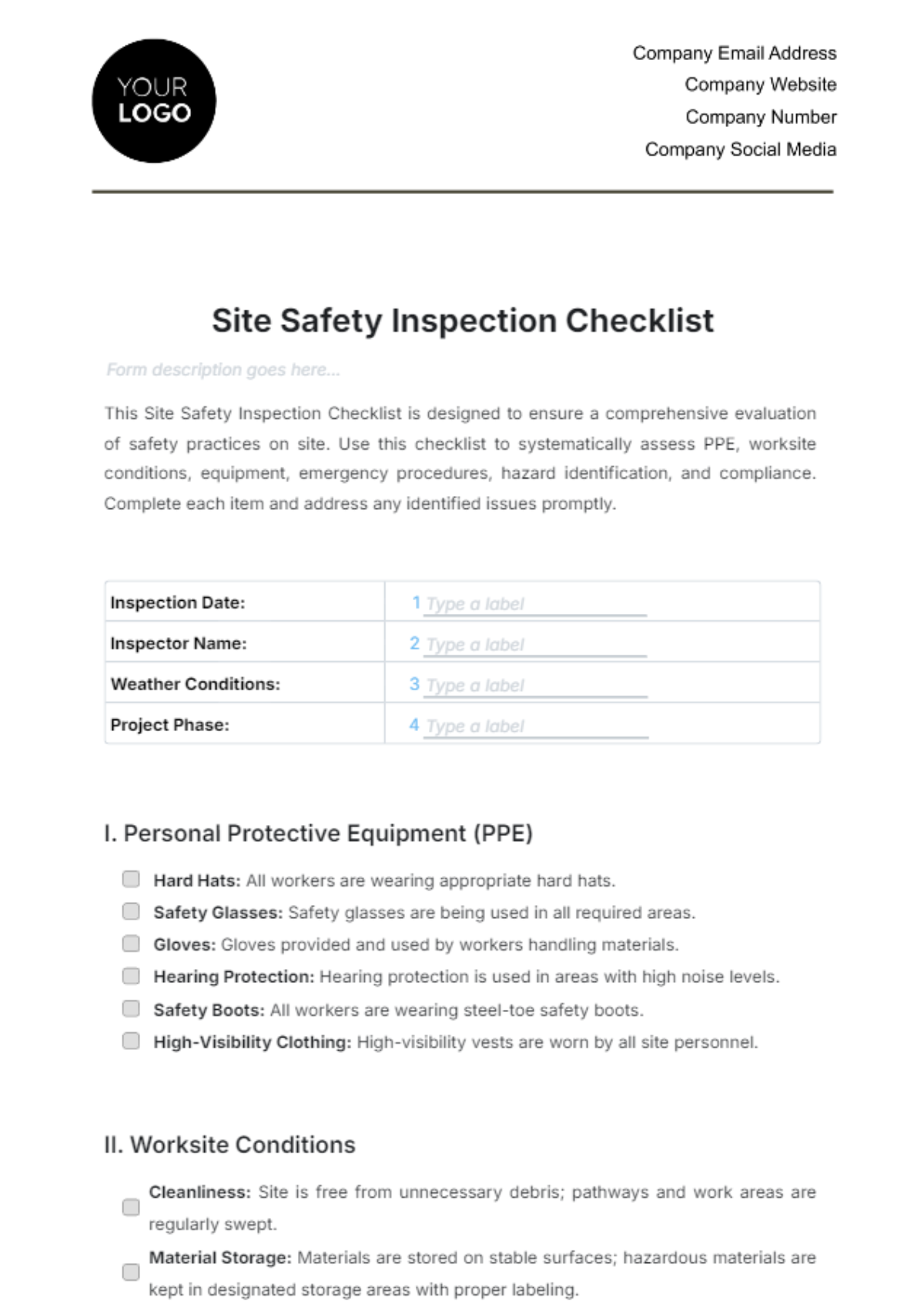 Site Safety Inspection Checklist Template - Edit Online & Download