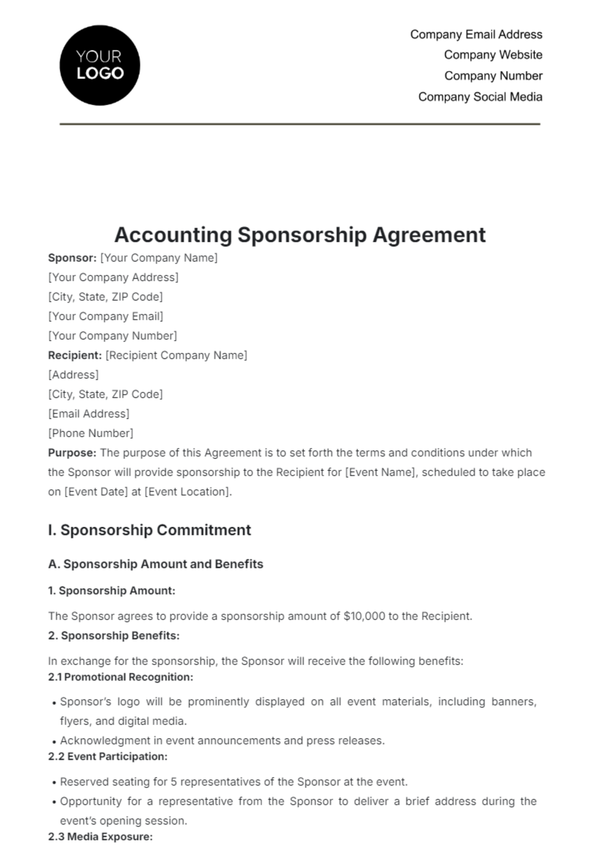 Accounting Sponsorship Agreement Template - Edit Online & Download