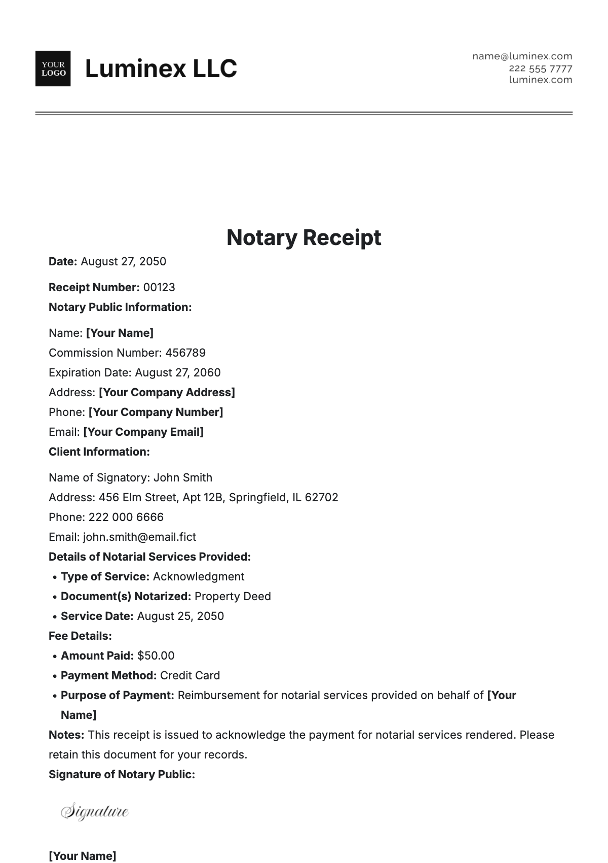 Notary Receipt Template