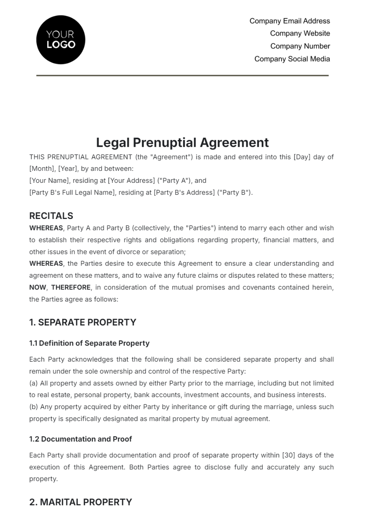 Legal Prenuptial Agreement Template - Edit Online & Download