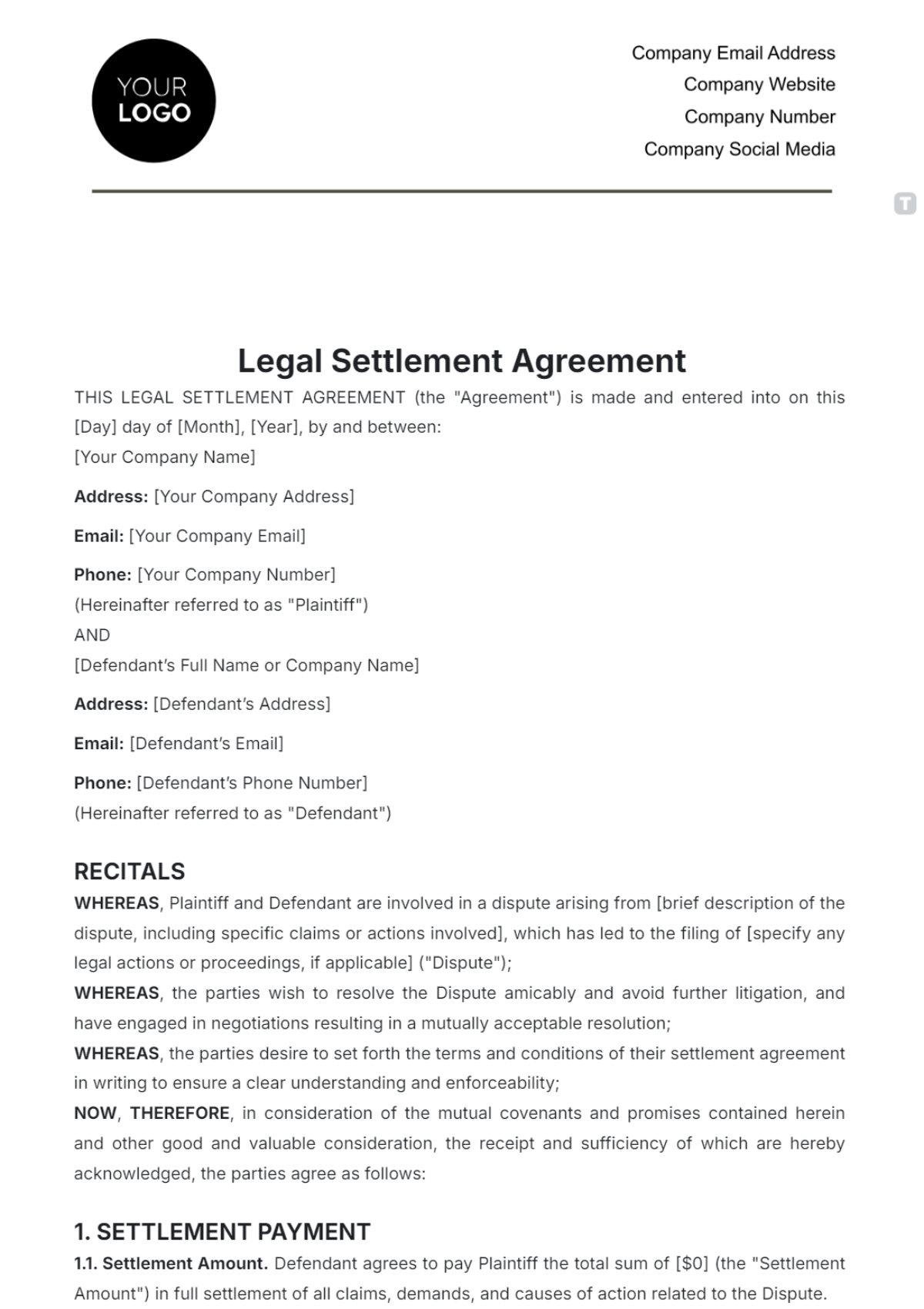 Legal Settlement Agreement Template