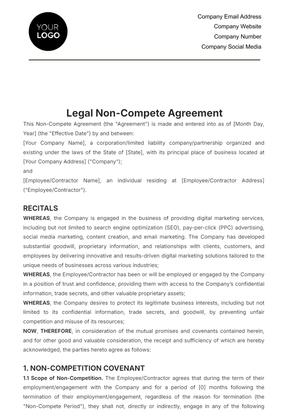 Legal Non-Compete Agreement Template - Edit Online & Download