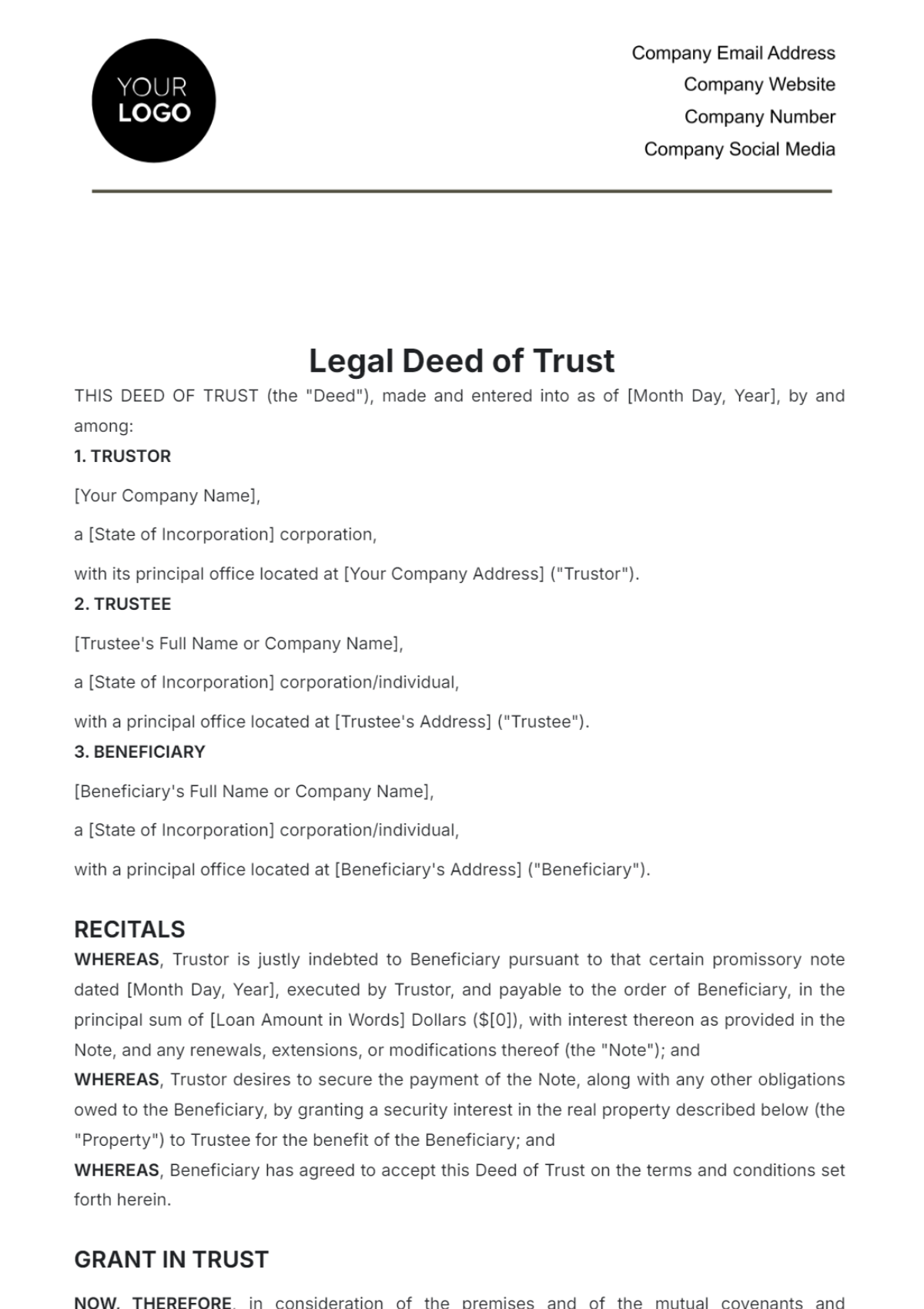 Legal Deed of Trust Template - Edit Online & Download