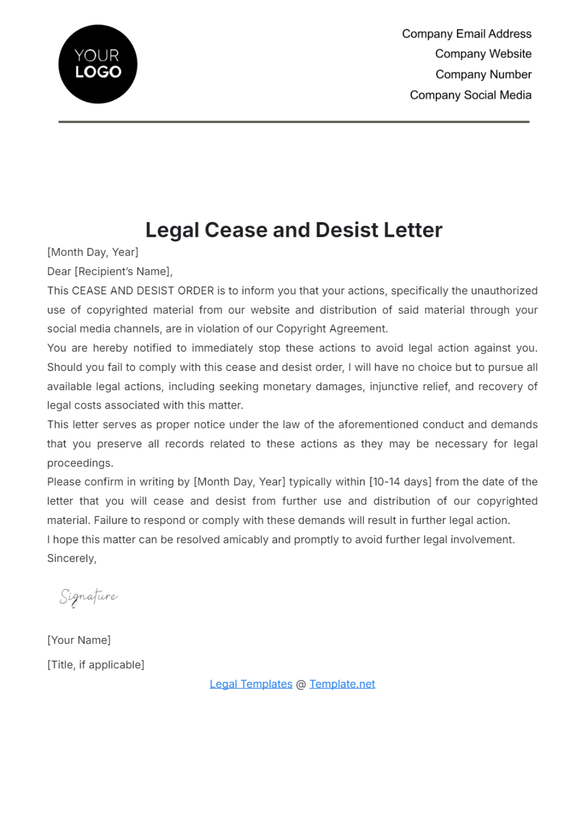 Legal Cease and Desist Letter Template