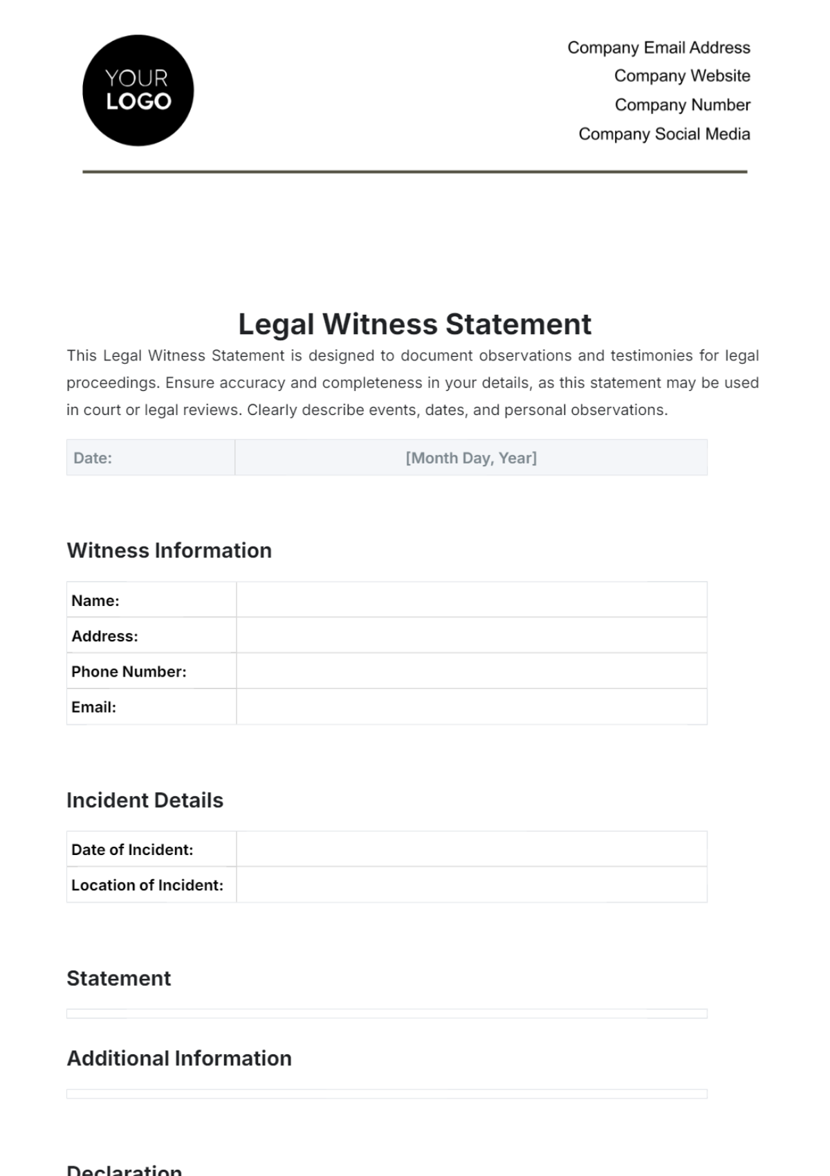 Legal Witness Statement Template - Edit Online & Download