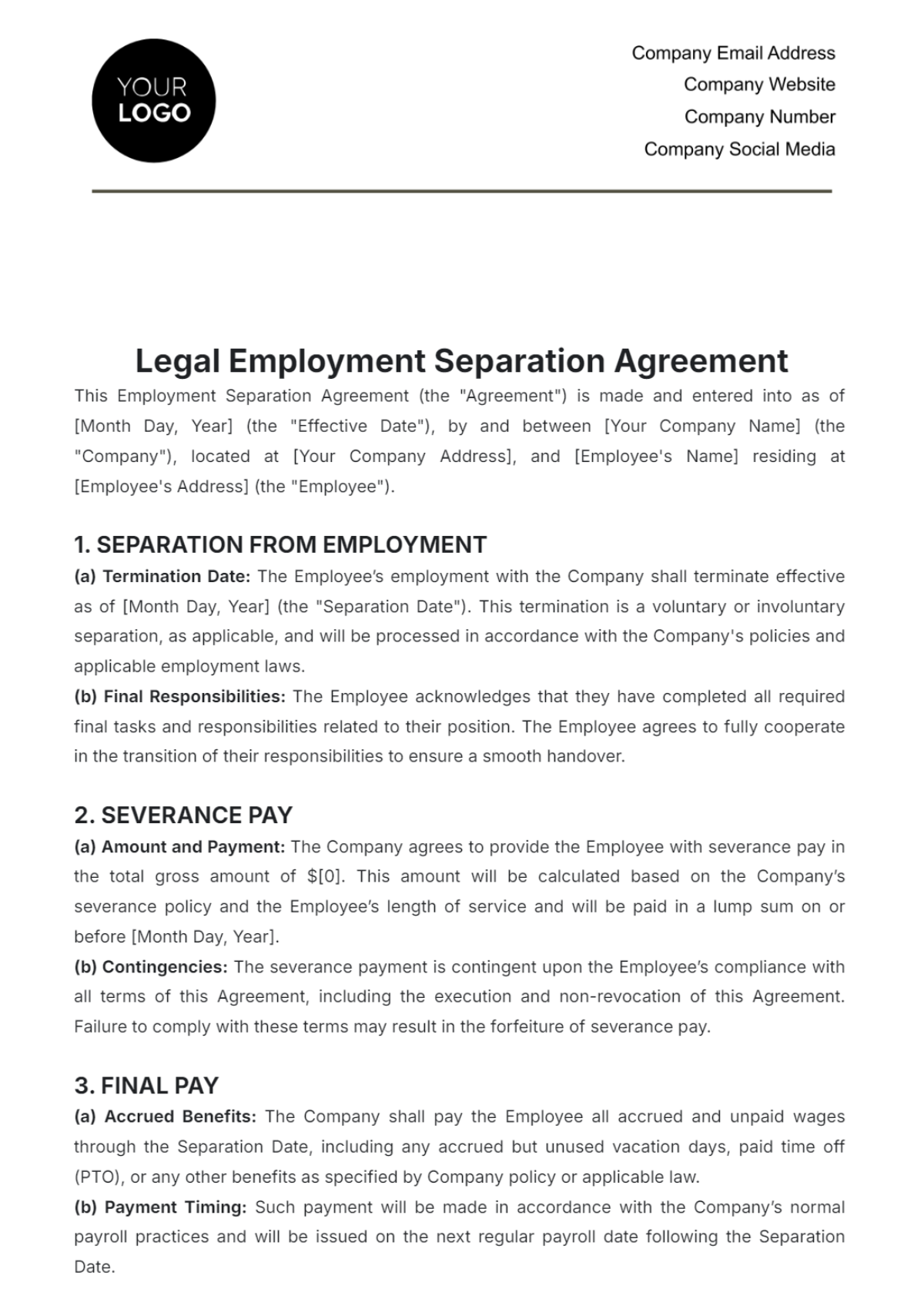 Legal Employment Separation Agreement Template - Edit Online & Download