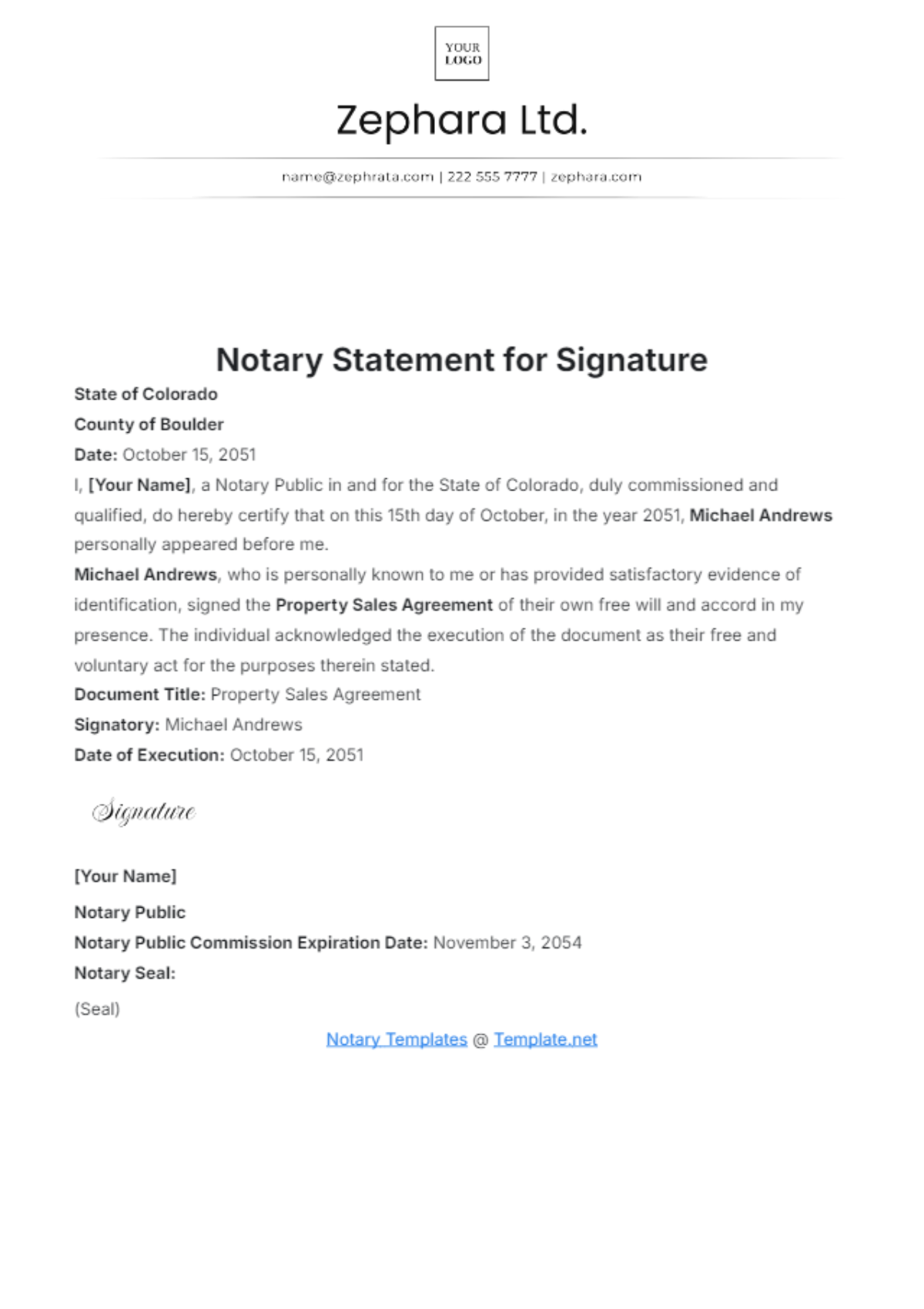 Notary Statement for Signature Template