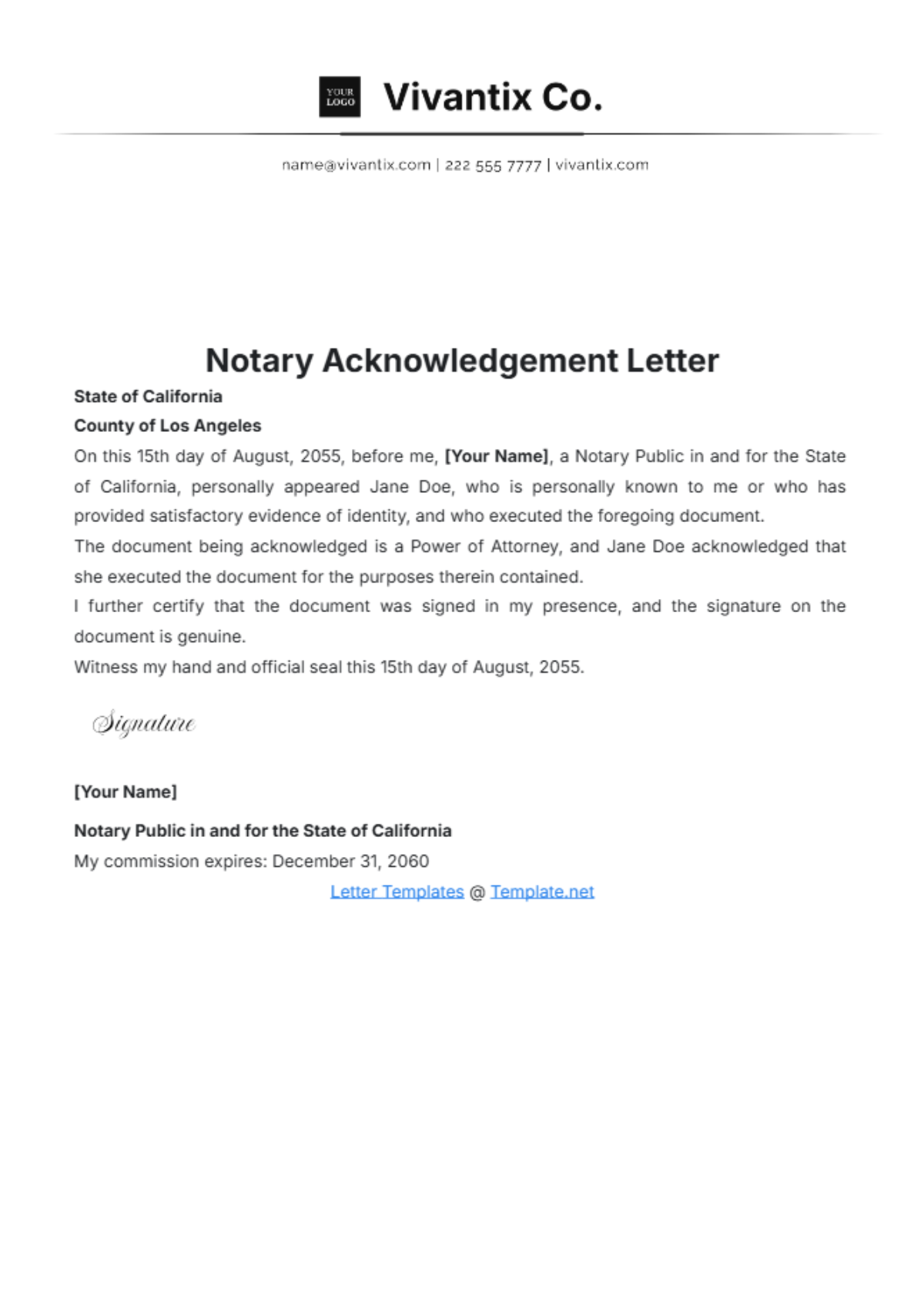 Notary Acknowledgement Letter Template