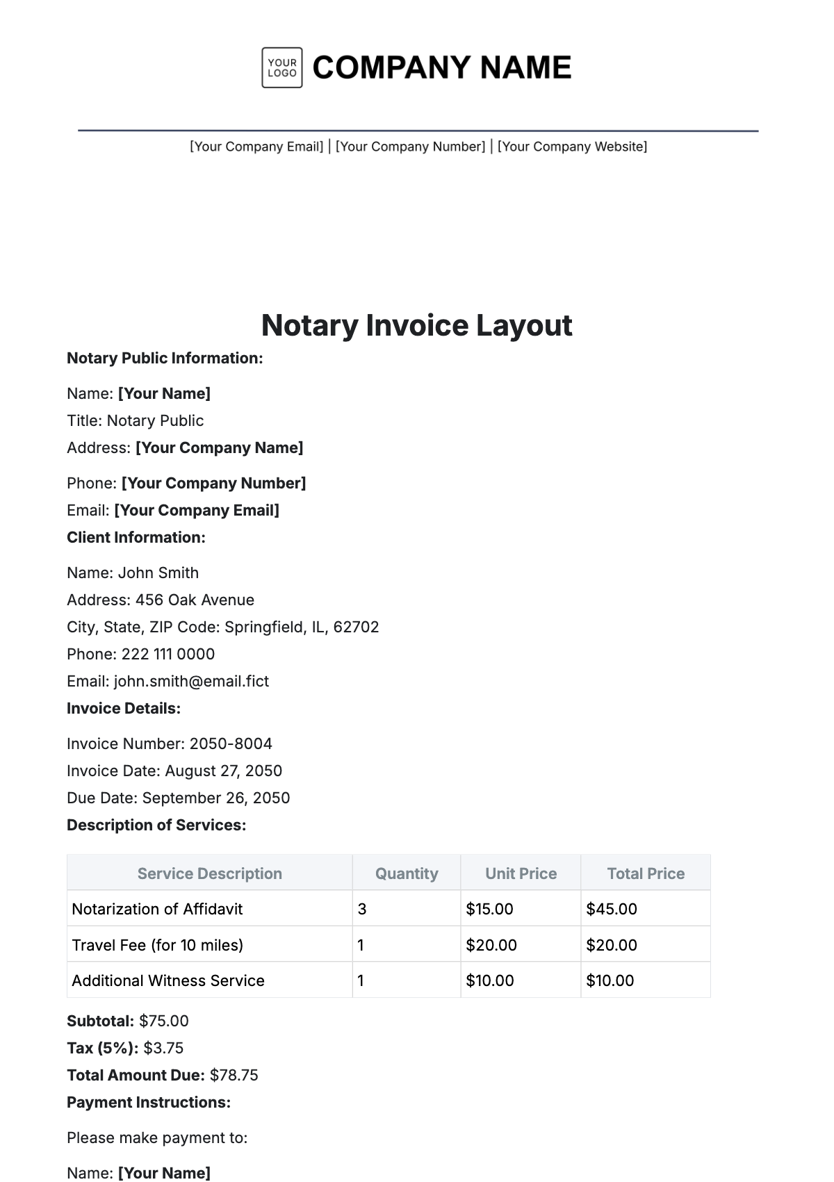 Notary Invoice Layout Template