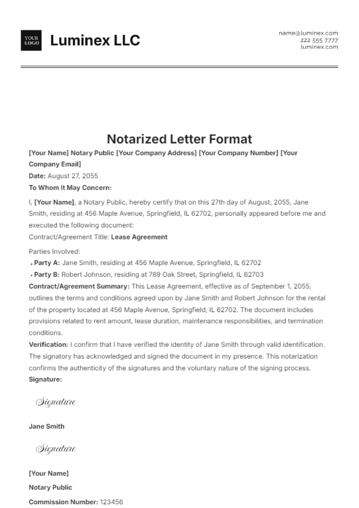 Notarized Letter Format Template