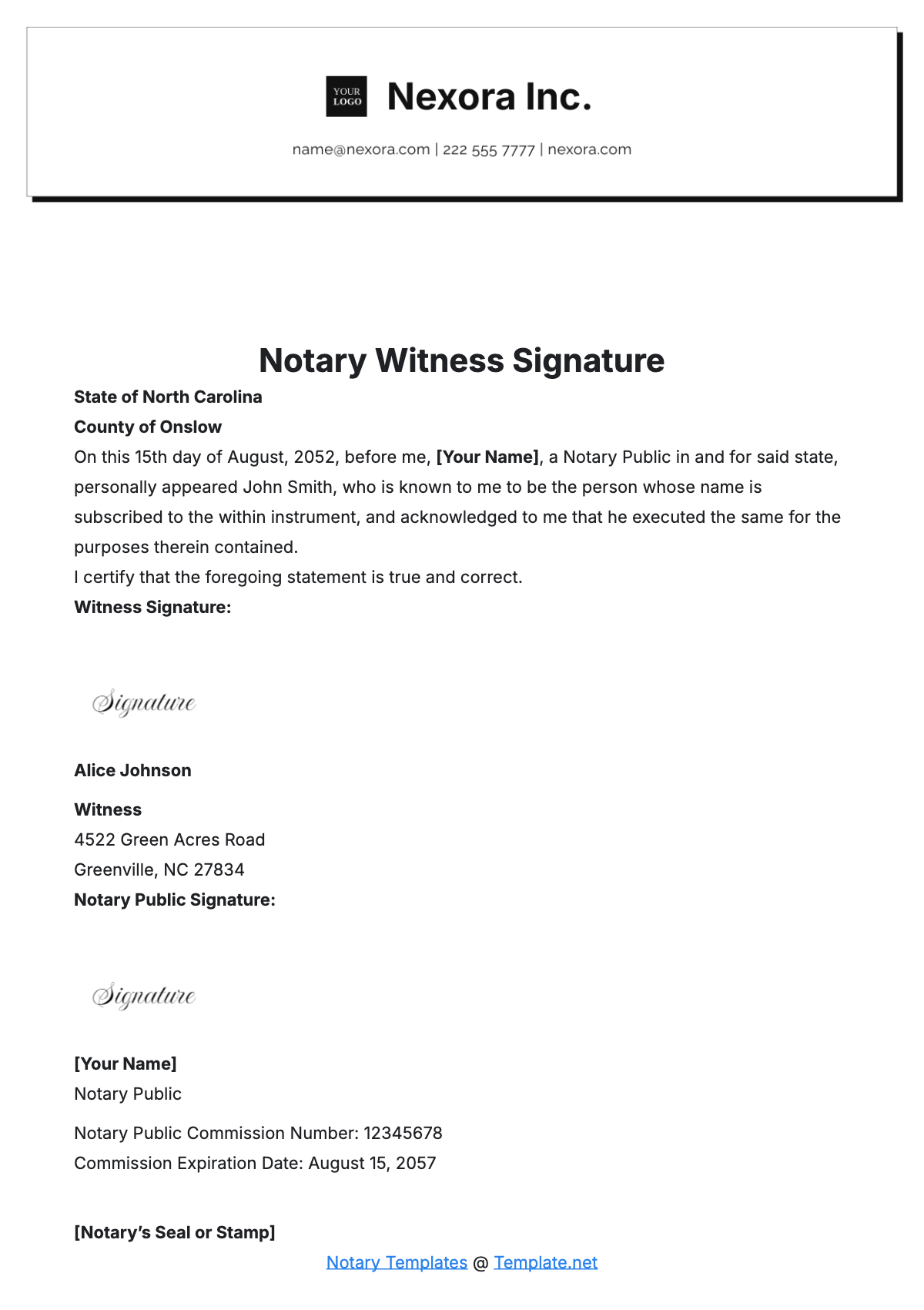 Notary Witness Signature Template