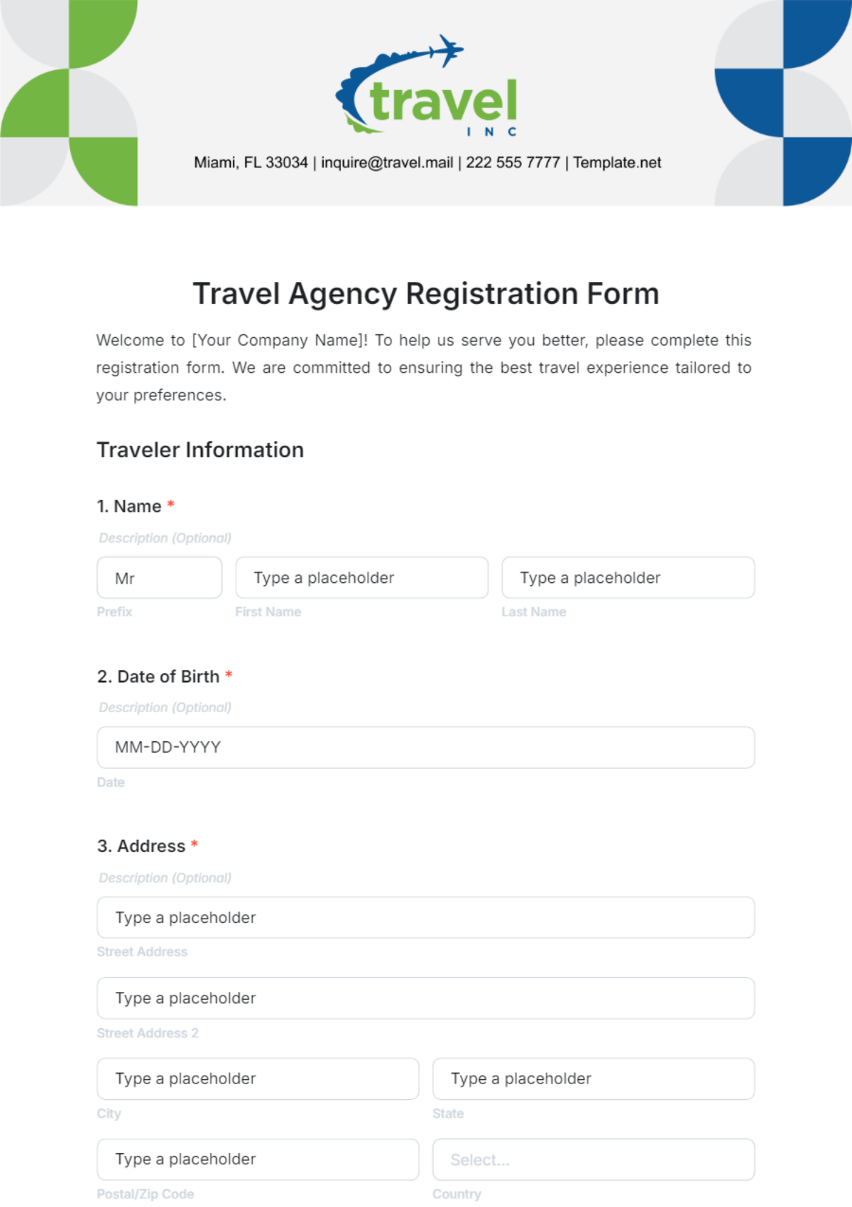 Travel Agency Registration Form Template - Edit Online & Download