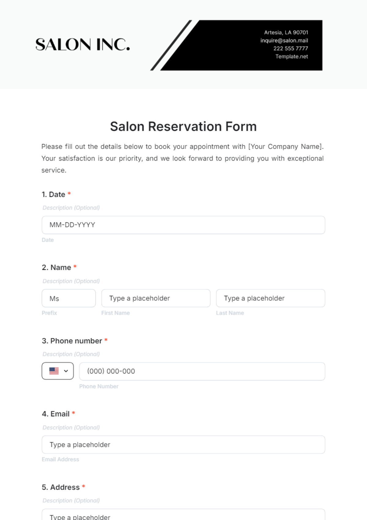 Salon Reservation Form Template