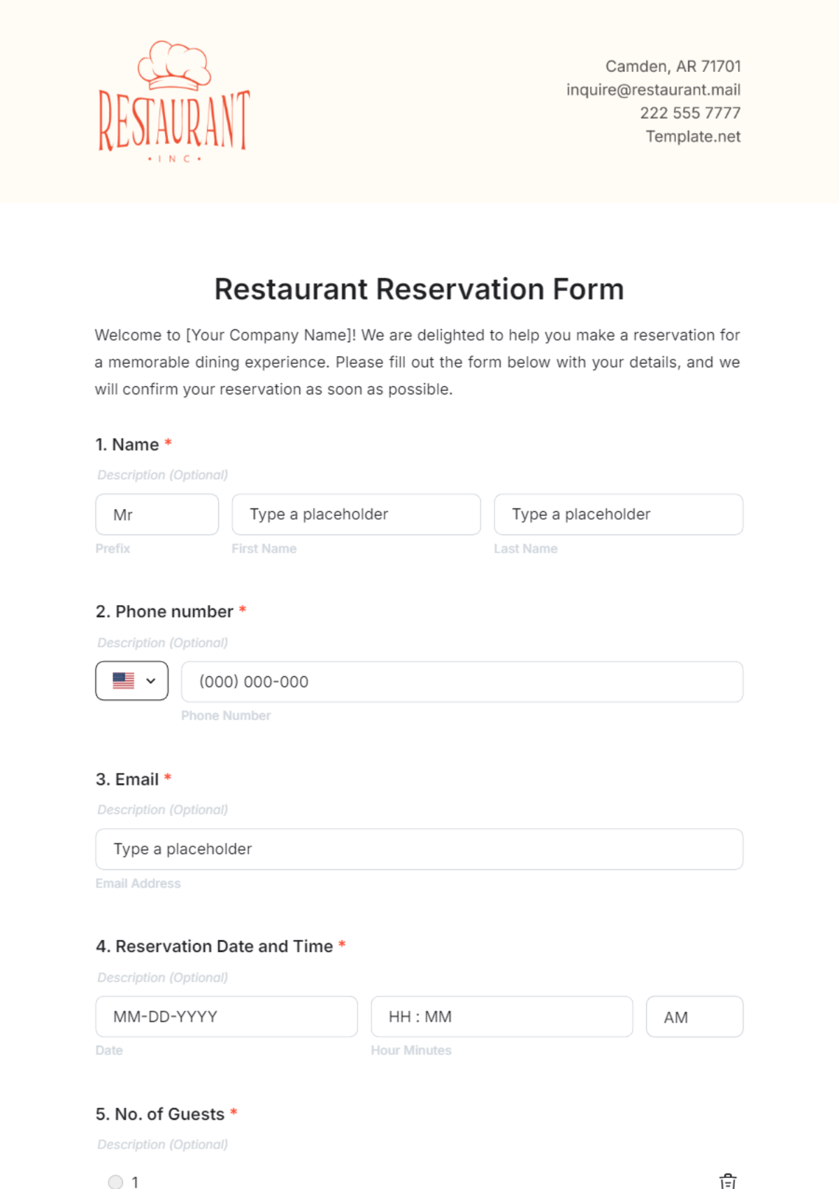 Restaurant Reservation Form Template