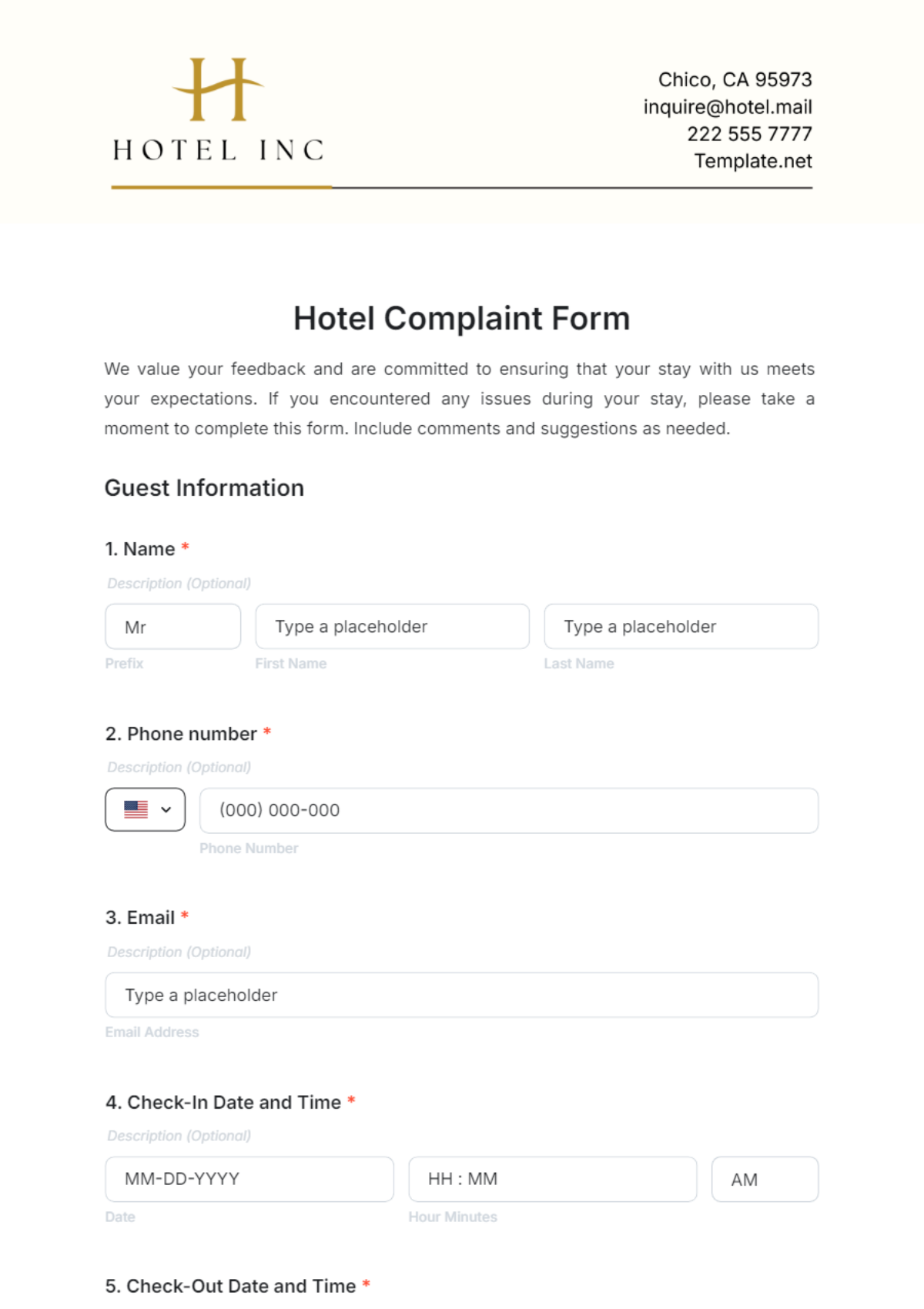 Hotel Complaint Form Template - Edit Online & Download