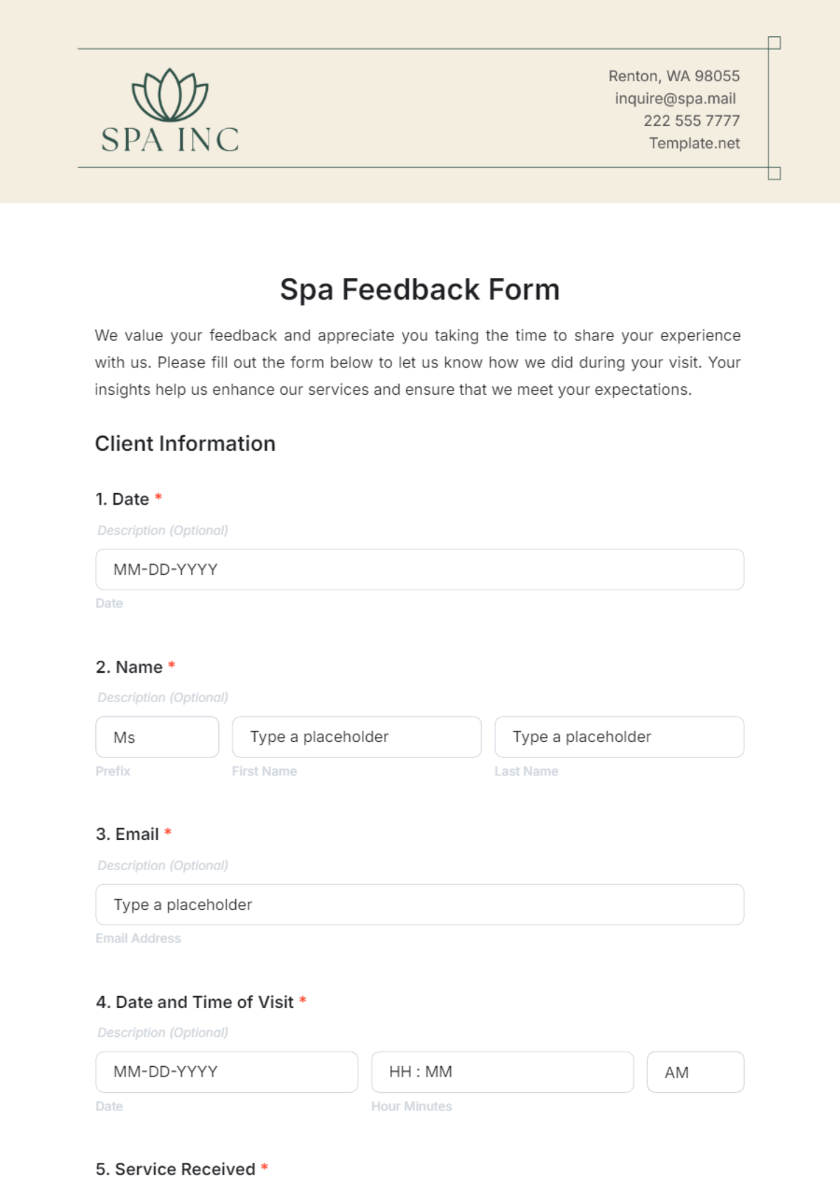 Spa Feedback Form Template - Edit Online & Download